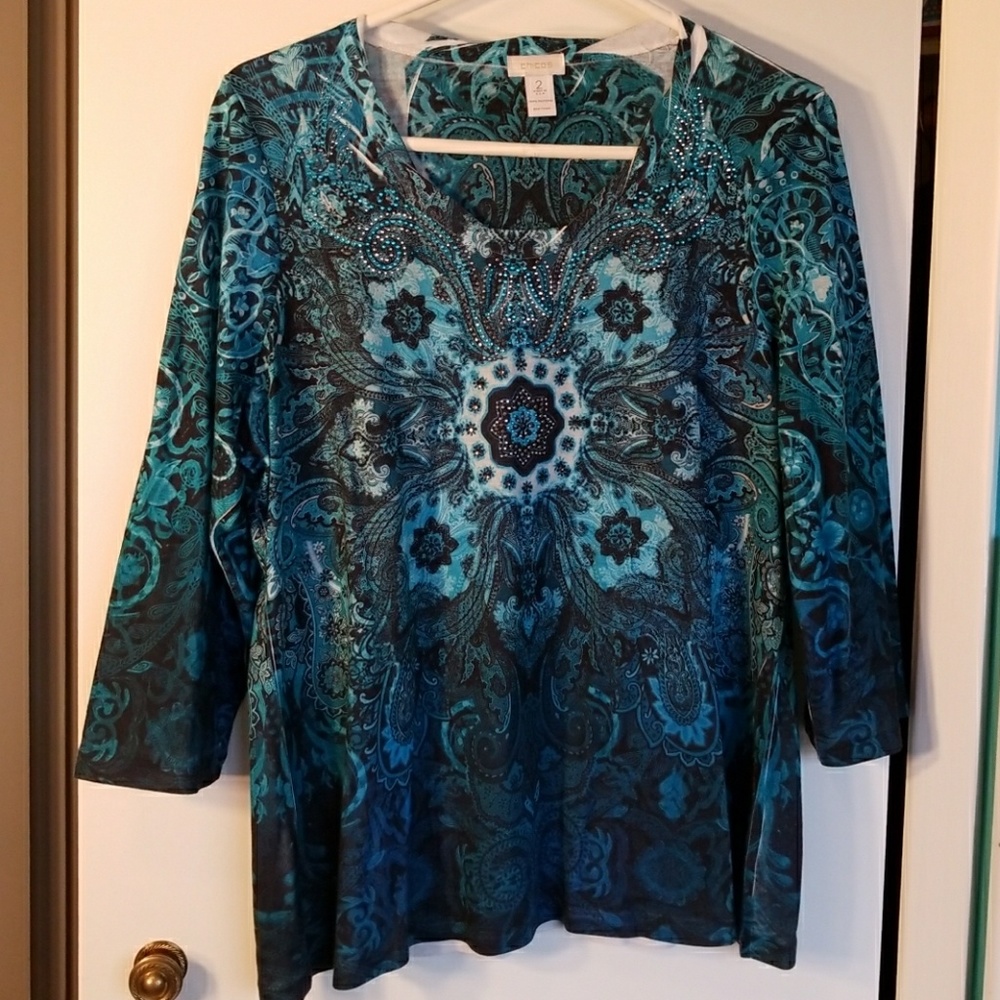 Chico's Blue Mandela Shirt with Bling
